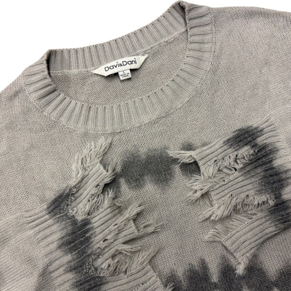 Davi & Dani Womens Large Grey Tie Dye Distressed‎ Frayed Hem Knit Sweater